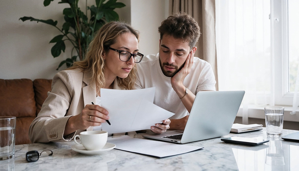 Para analizująca dokumenty i porównująca oferty kredytowe przy laptopie